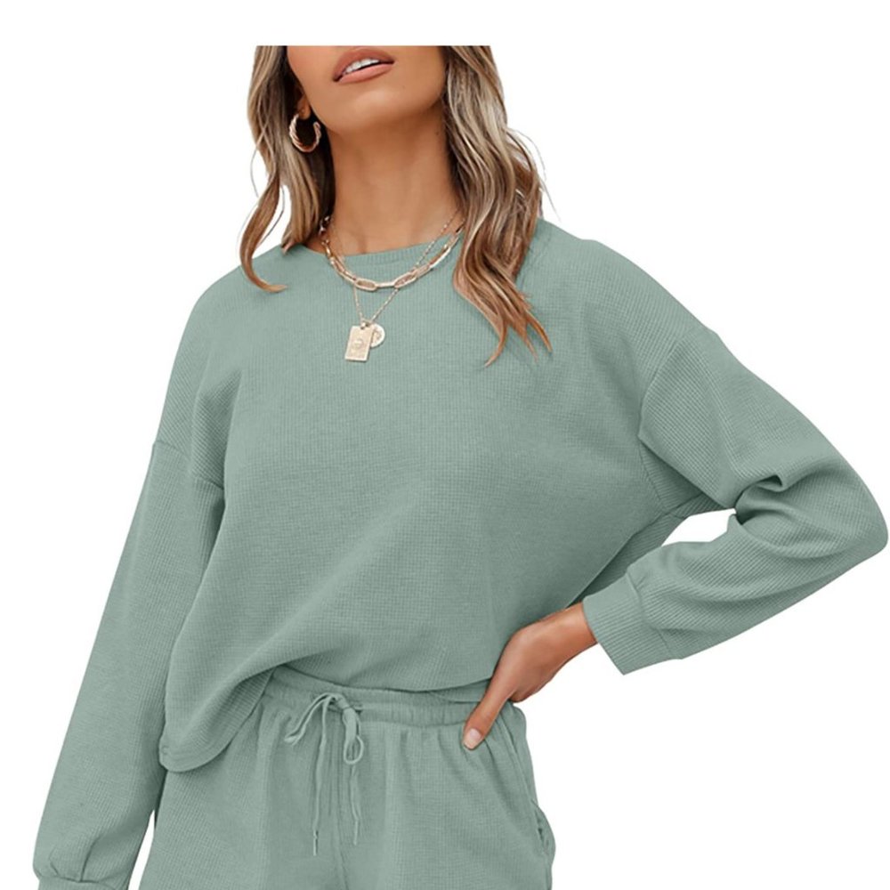 Green waffle knit matching pajama set. Never worn!